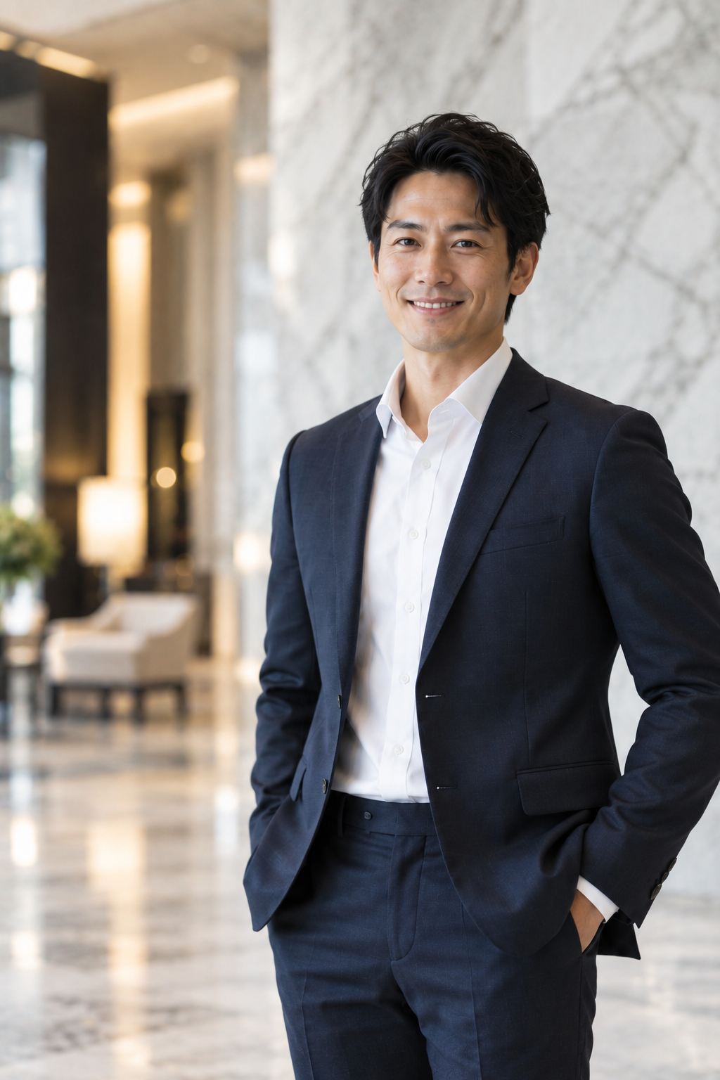 ネイビースーツを着こなす笑顔の男性
