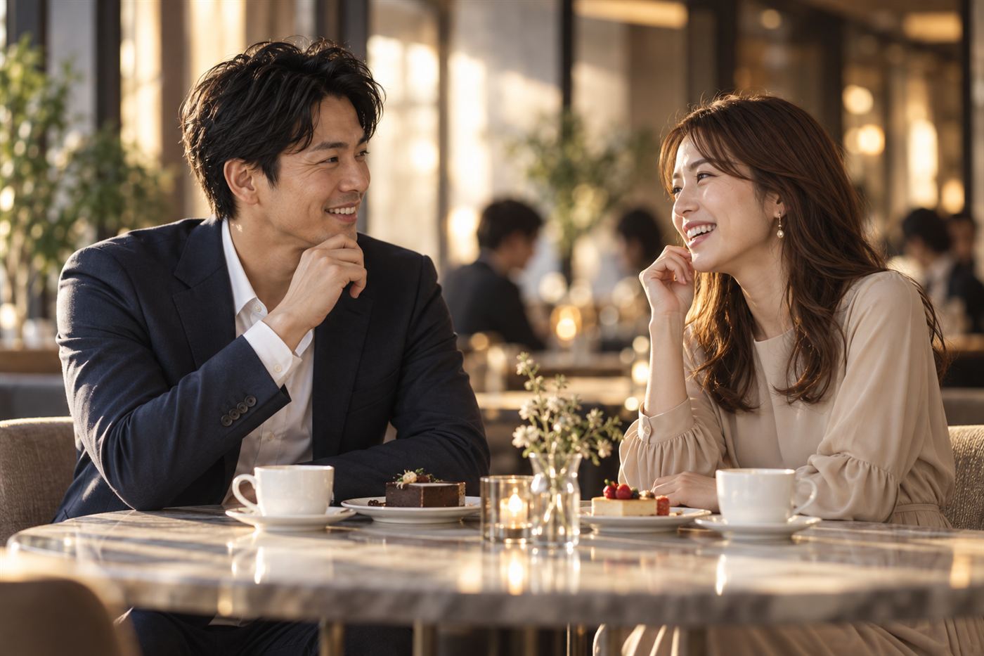 カフェで笑顔で会話するカップル